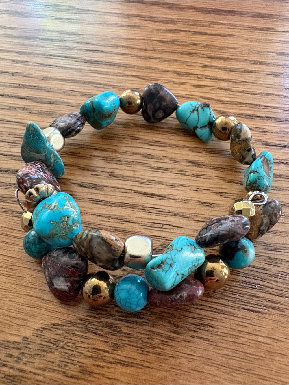 Hand Crafted Turquoise and Jasper Silver Plated Memory Wire Bracelet